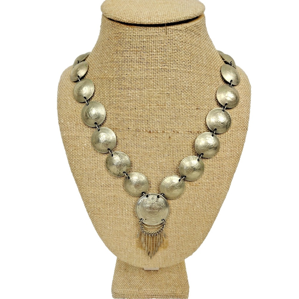 Vintage Peruvian Coin Necklace Banco Central De Reserva Folk Jewelry BOHO Native